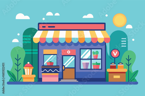 Colorful storefront with plants and outdoor seating in sunny atmosphere