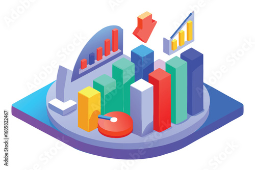 Isometric financial data analysis with bar charts and a pie chart finance graph