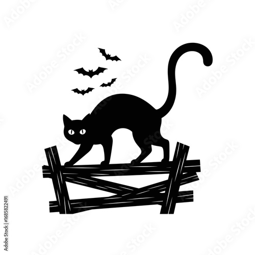 Vector art of black cat walking on a wooden fence with bats flying, halloween silhouette, vector illustration