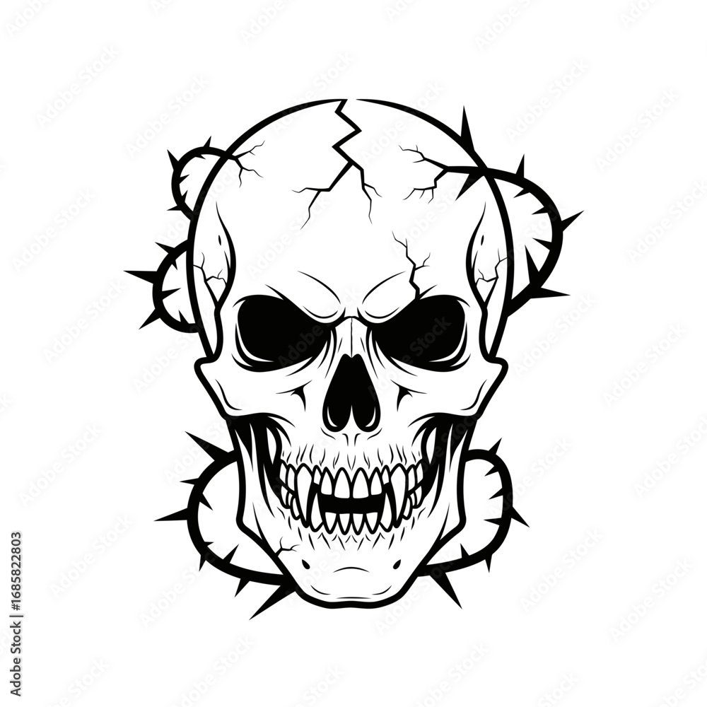 Fototapeta premium Vector art of detailed skull with thorns for tattoo, graphic design, halloween, horror themes and creative projects