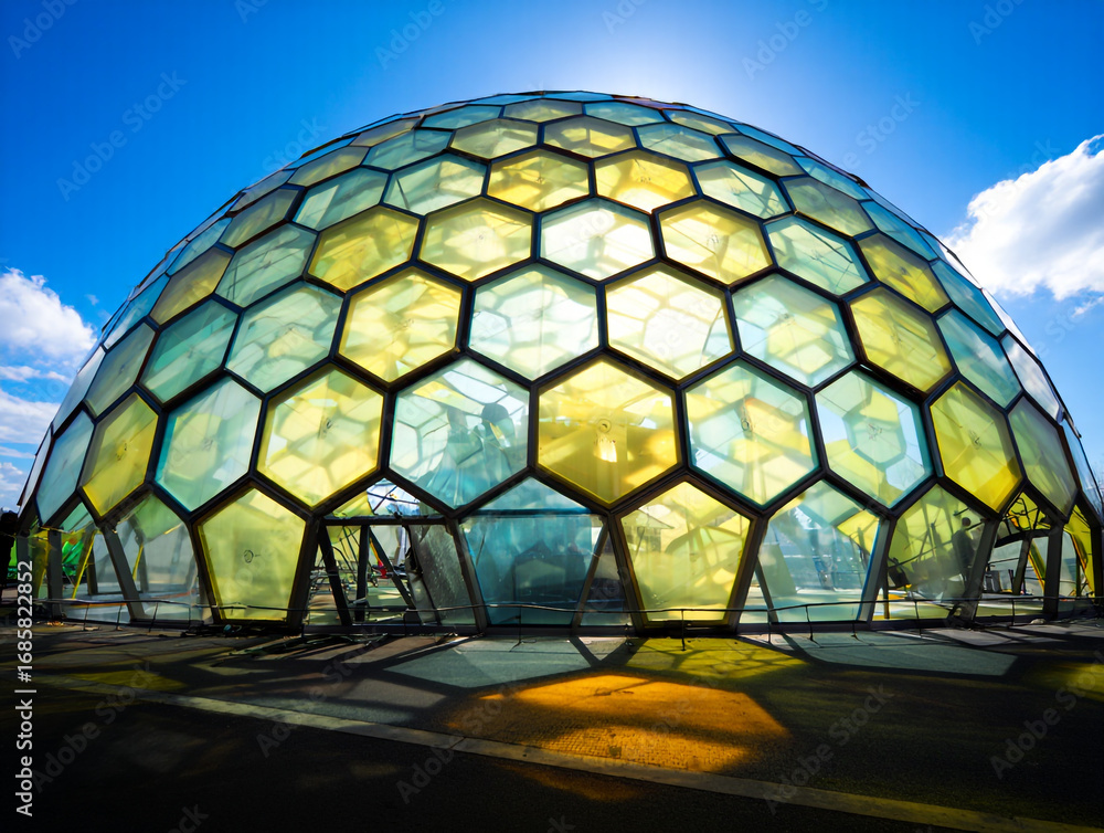 Fototapeta premium Geometric Dome Structure with Yellow and Blue Panels