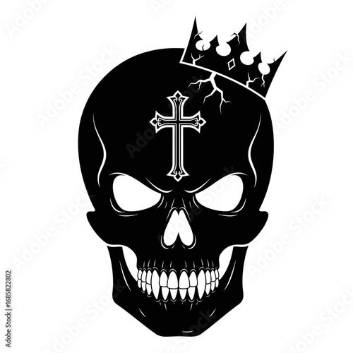 Vector art of black skull with a crown and a cross, a symbol of death, danger, and rebellion in gothic style art