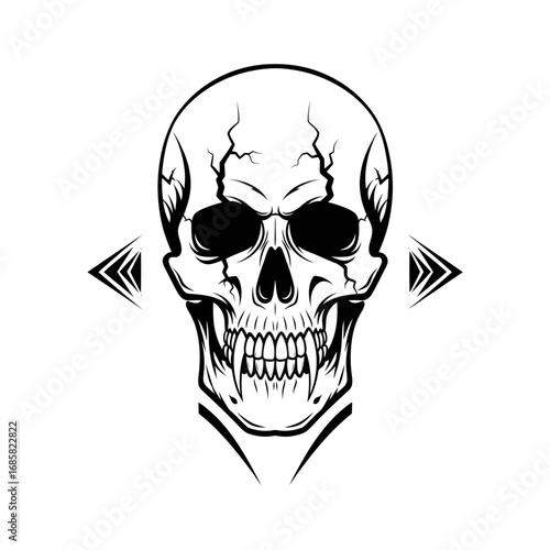 Vector art of skull with fangs and triangles, a symbol of death, danger, and the vampire in a minimalist line art style