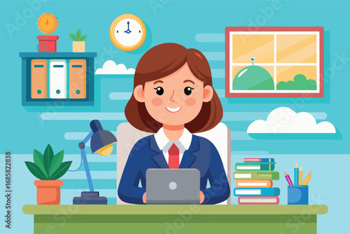 Professional woman working in a bright office with plants and colorful stationery