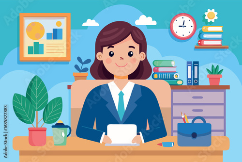 Professional woman sitting at desk in a bright office with plants and charts
