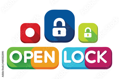 OPENLOCK Text with Unlocked and Locked Padlock Icons on White Background Keywords: open, lock, text, lettering