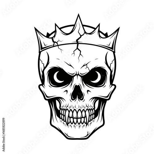 Vector art of skull with a crown illustration, representing power, death, and royalty in a gothic and macabre style
