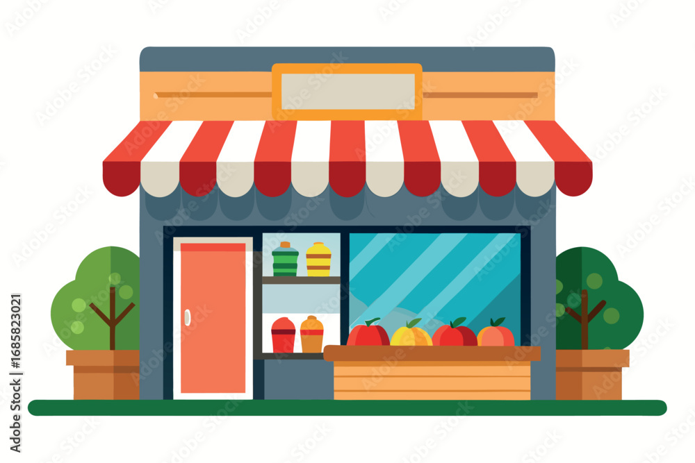 Obraz premium Charming neighborhood grocery store with colorful produce and inviting entrance