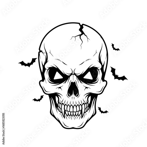 Illustration of a spooky skull surrounded by bats, perfect for halloween or gothic themed designs