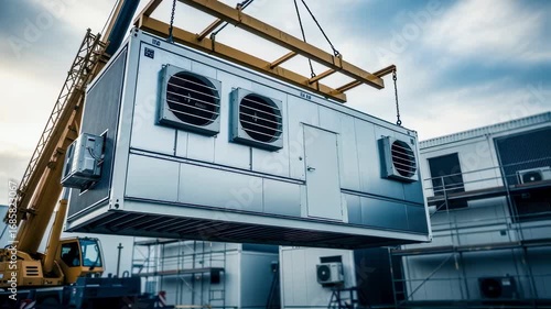 Industrial crane lifting a sleek airconditioned modular data center block equipped with cooling vents during a phased expansion project.