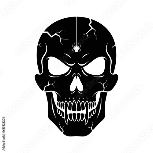 Vector art of skull with spider, a symbol of death and decay, with cracks and sharp teeth, creating a spooky design