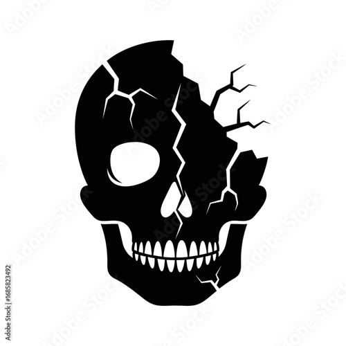 Vector art of cracked skull illustration, depicting death, danger, and the fragility of life in a symbolic representation