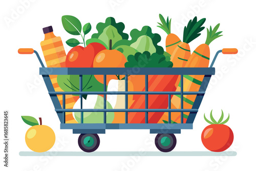Grocery shopping cart filled with fresh produce and vegetables at a market