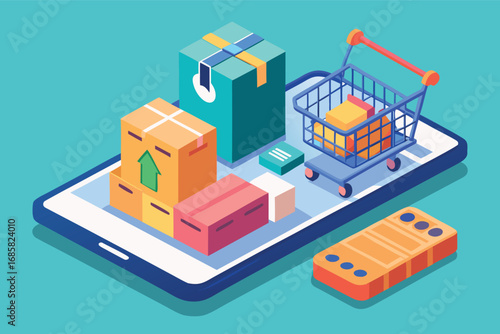 Digital shopping cart filled with packages on a smartphone screen in vibrant colors