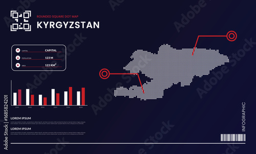 Rounded square dot map of  Kyrgyzstan with infographic presentation template use for design element