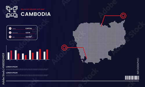 Rounded square dot map of Cambodia with infographic presentation template use for design element