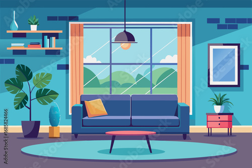 Modern interior design featuring a cozy living room with blue walls and natural light