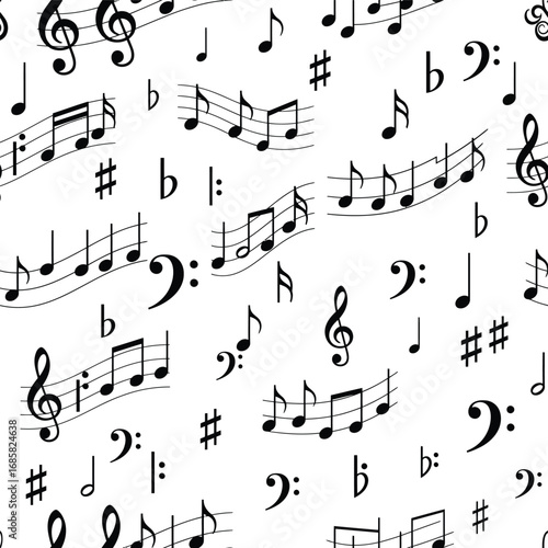 Vector background with a pattern of black music notes, staffs, and clefs for a classical melody design