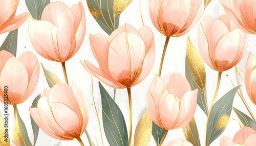 Delicate blush pink tulips with gold accents on white