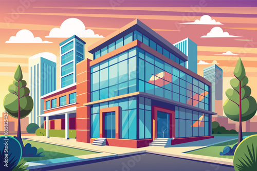 Modern architectural building in a vibrant city during sunset with colorful skies