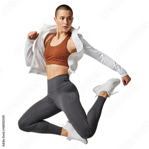 Athletic woman in midair jump, wearing grey leggings, brown sports bra, and white jacket, isolated on transparent background