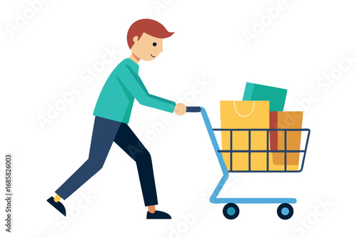Happy shopper pushing cart filled with colorful packages in a grocery store setting