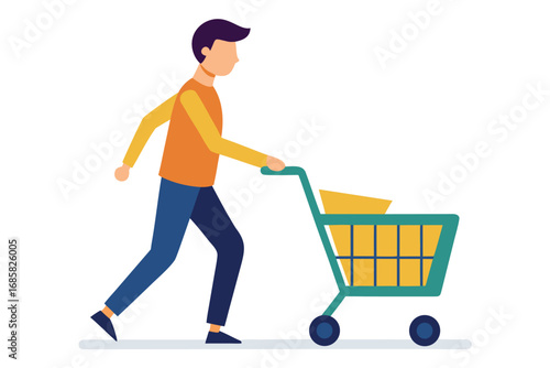 Person shopping with a cart filled with goods in a bright and cheerful environment