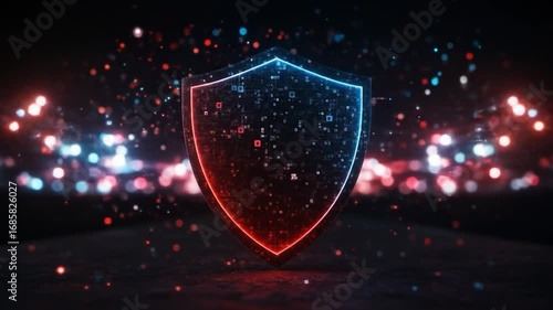 Digital data protection shield with glowing neon outline and floating particle background