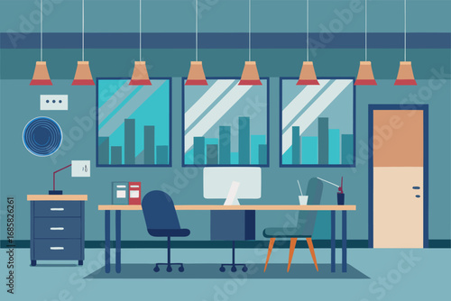 Modern office interior with stylish desk and city view through large windows