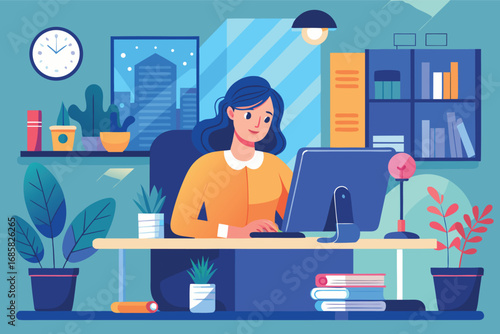 Woman working at a desk with plants and a city view in a modern office setting