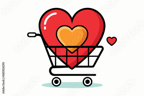 Shopping cart filled with heart symbols for celebration of love and affection