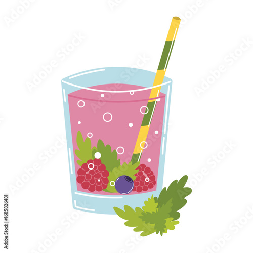 Kombucha drink in glass with straw, mint, raspberry and blueberry in flat cartoon style.