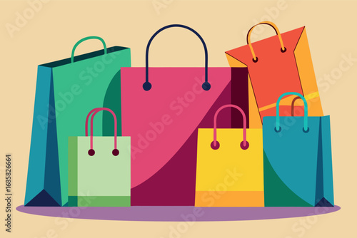 Colorful shopping bags arranged creatively for a vibrant retail display
