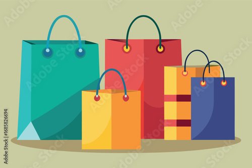 Colorful shopping bags arranged creatively on a soft background in a minimalist style