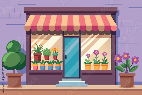 Flower shop displays vibrant plants and colorful blooms in lively neighborhood setting
