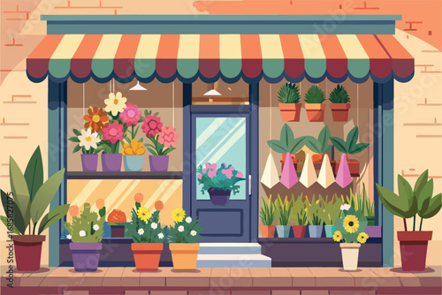 Colorful flower shop with vibrant plants and cheerful displays on a sunny day