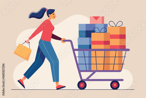 Woman pushing shopping cart filled with gifts in a colorful and cheerful environment
