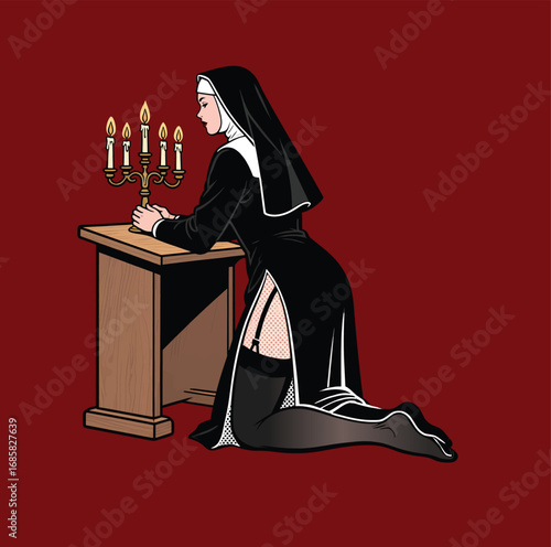 Pop Art Vector of a Sexy Nun in Stockings Kneeling in Prayer Before a Candelabra