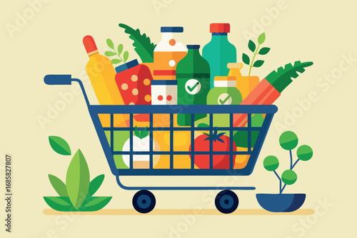 Grocery cart filled with fresh produce and various food items in a bright, minimalistic style