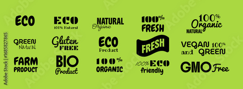 Eco, vegan, organic food and natural product icons and elements for food market, organic products packaging, ecommerce. Ecology labels set. Vegan food diet icon, bio and healthy food. 
