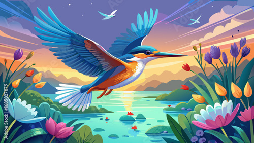 From a close perspective, the kingfisher skims the water, wings glistening. Floating petals drift around, while reflections ripple softly, creating a peaceful, poetic scene full of nature’s charm.