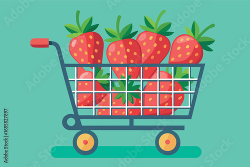Fresh strawberries arranged in a shopping cart on a green background
