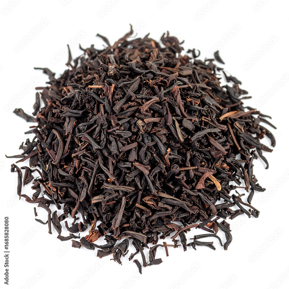 Obraz premium Dark tea leaves piled high, rich brown color, fine strands
