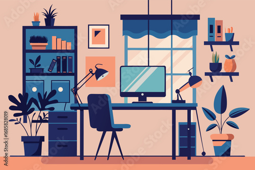 Modern workspace with desk, computer, and decorative plants in a cozy setting
