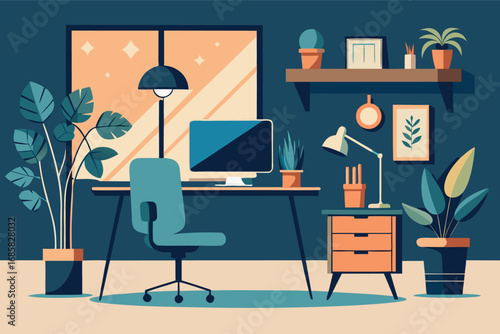 Stylish home office setup with plants, desk, and modern decor in evening light