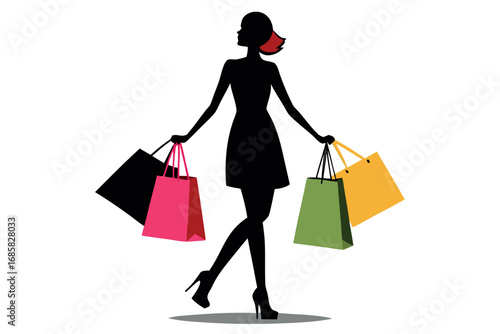 Stylish woman walking with shopping bags in vibrant colors during a sunny day