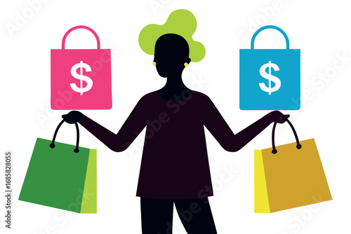 Shopping enthusiast holds colorful bags with dollar signs outside a retail store during the day