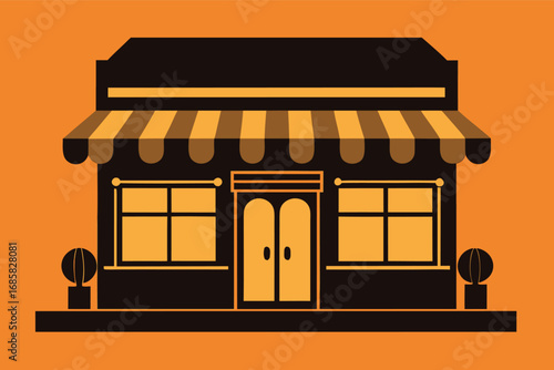 Charming storefront with striped awning in vibrant orange background