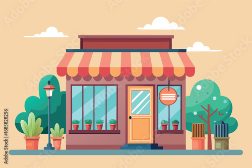 Cozy storefront with plants and a decorative awning during daytime in a vibrant neighborhood