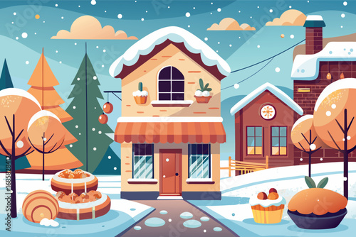 Winter wonderland featuring a cozy bakery in a snowy village during the holidays